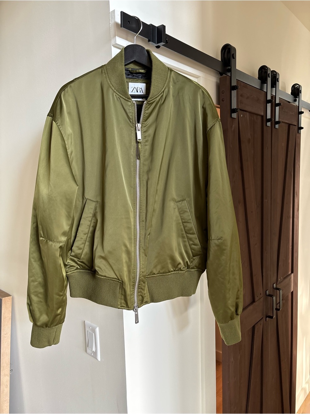 Zara Men’s Bomber Jacket, Olive Army Green Satin Double Zipper,Lined , Unisex M